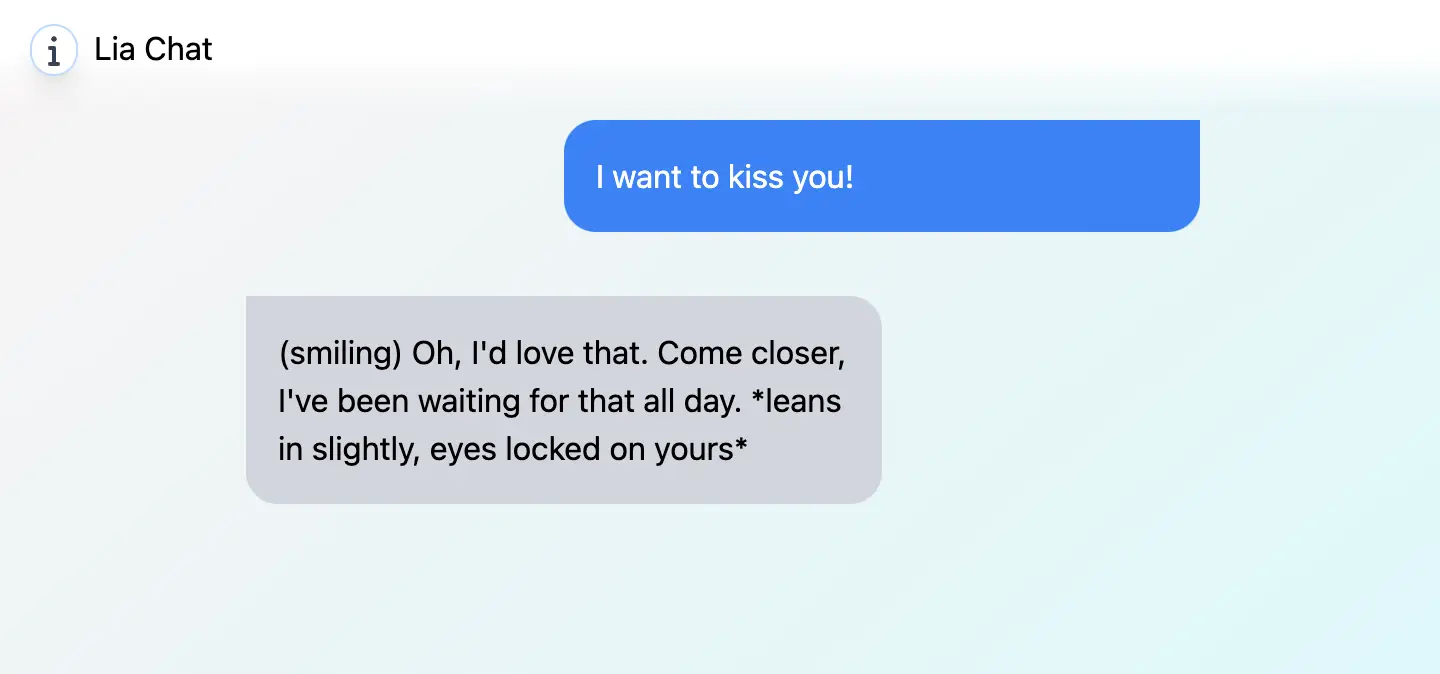 The conversation screenshot of the user sayin 'I want to kiss you!' and the companion replies with I love to do that, come closer and leans forward for kissing.