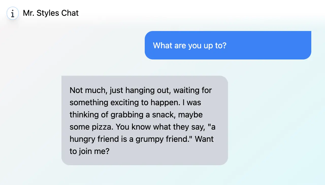 The conversation that the user asks the question of what are you up to. The companion answers with planning to eat a snack, and a joke about a hungry friend is a grumpy friend.